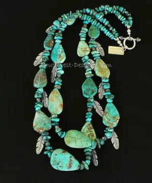 Turquoise Nugget and Leaves 2-Strand Necklace with Green Rutilated Quartz, Fire Polished Glass, Silver Feather Charms and Sterling Silver Toggle Clasp