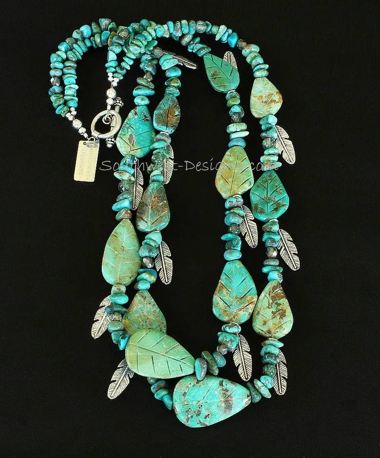 Turquoise Nugget and Leaves 2-Strand Necklace with Green Rutilated Quartz, Fire Polished Glass, Silver Feather Charms and Sterling Silver Toggle Clasp