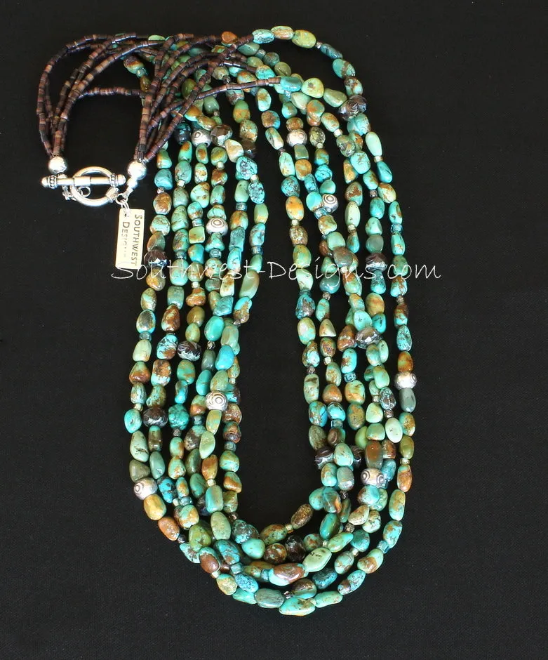 Turquoise Oval Nugget 6-Strand Necklace with Czech Luster Glass, Fire Polished Glass, Pen Shell Heishi and Sterling Silver