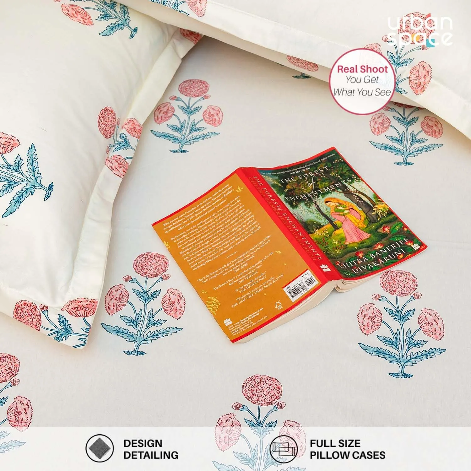 Urban Space Serene 200 TC 100% Cotton Bedsheet for Single Bed with 1 Pillow Cover, Single bedsheet (Sunflower - Pomegranate Pink, Size 58 x 90 inches)