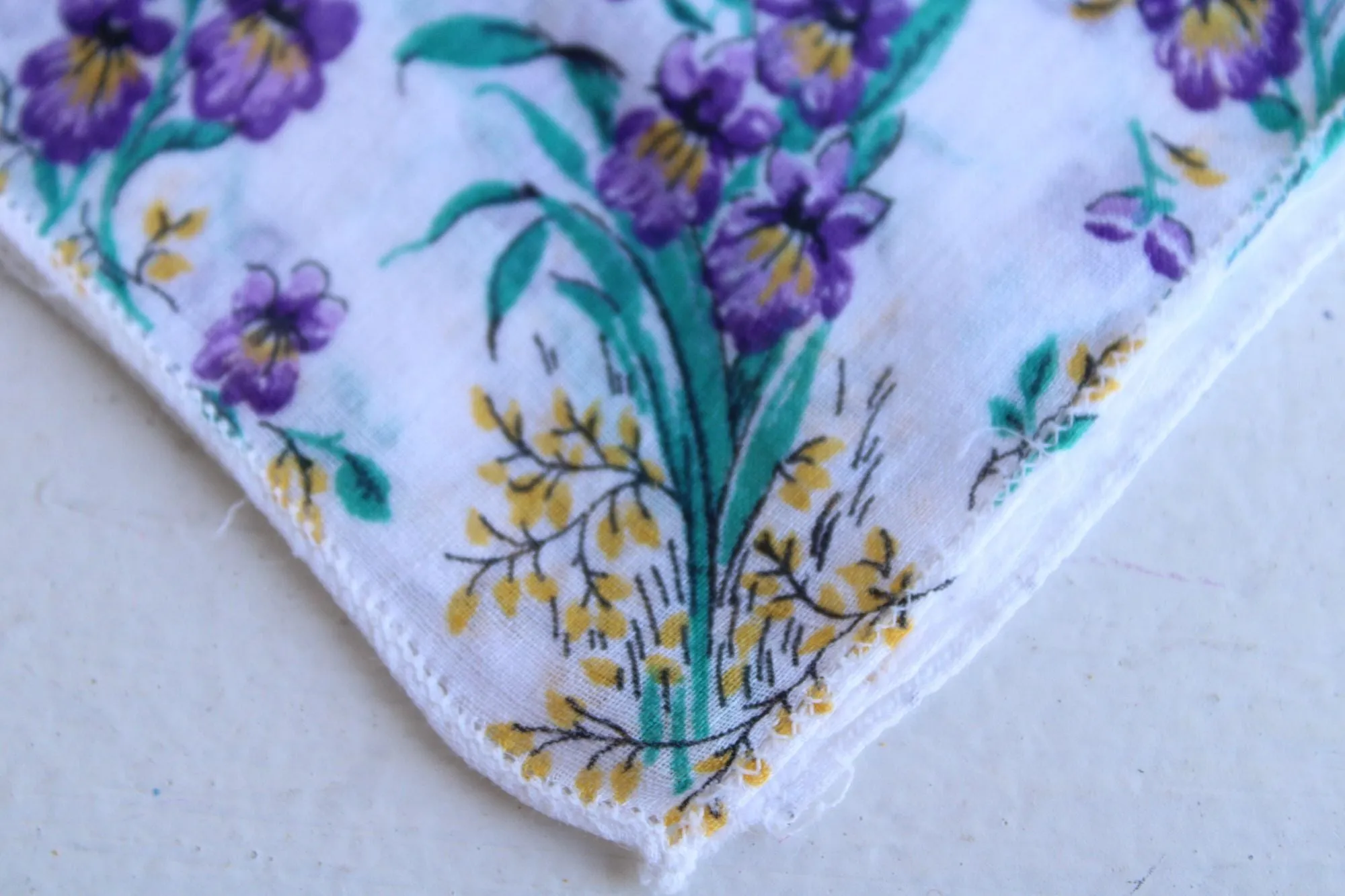 Vintage Handkerchief, Purple Floral Print on White Cotton Hankie