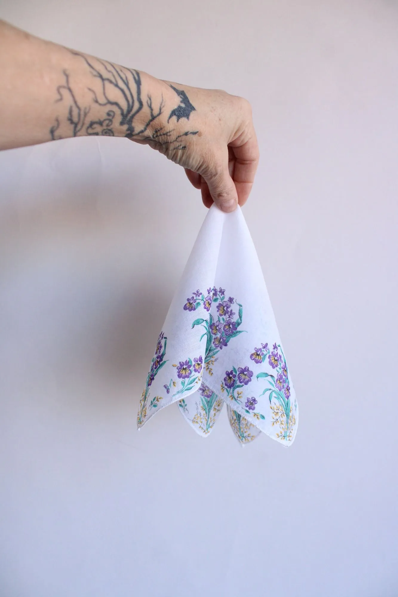 Vintage Handkerchief, Purple Floral Print on White Cotton Hankie