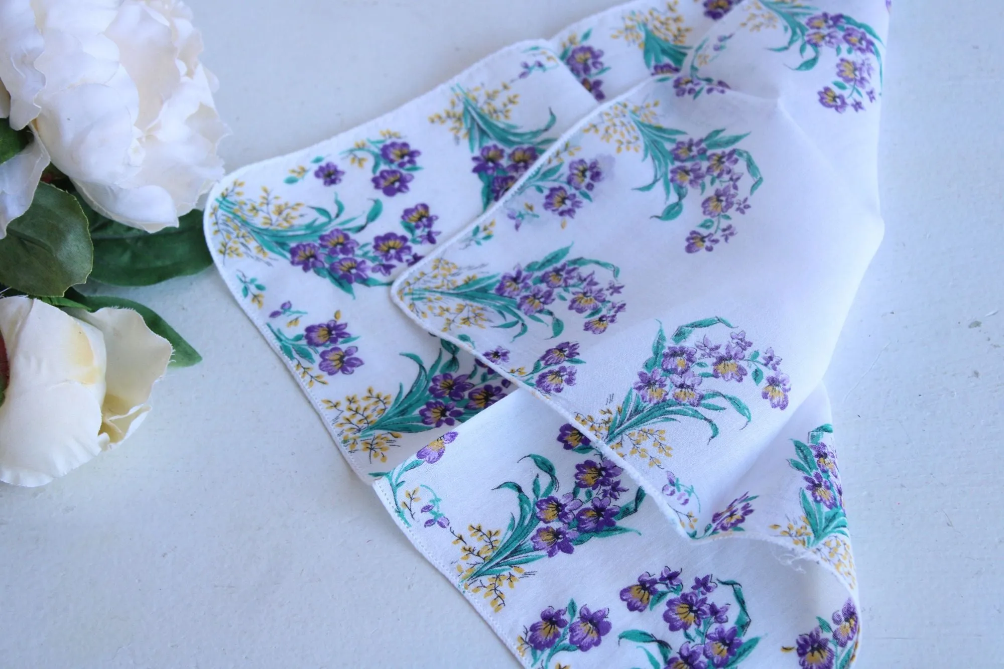 Vintage Handkerchief, Purple Floral Print on White Cotton Hankie