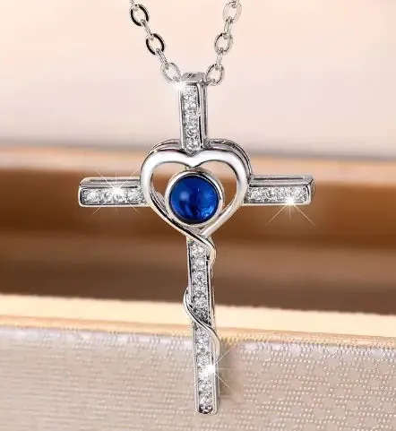 Vintage-Inspired Crystal Blue Stone Cross-Shaped Pendant Necklace