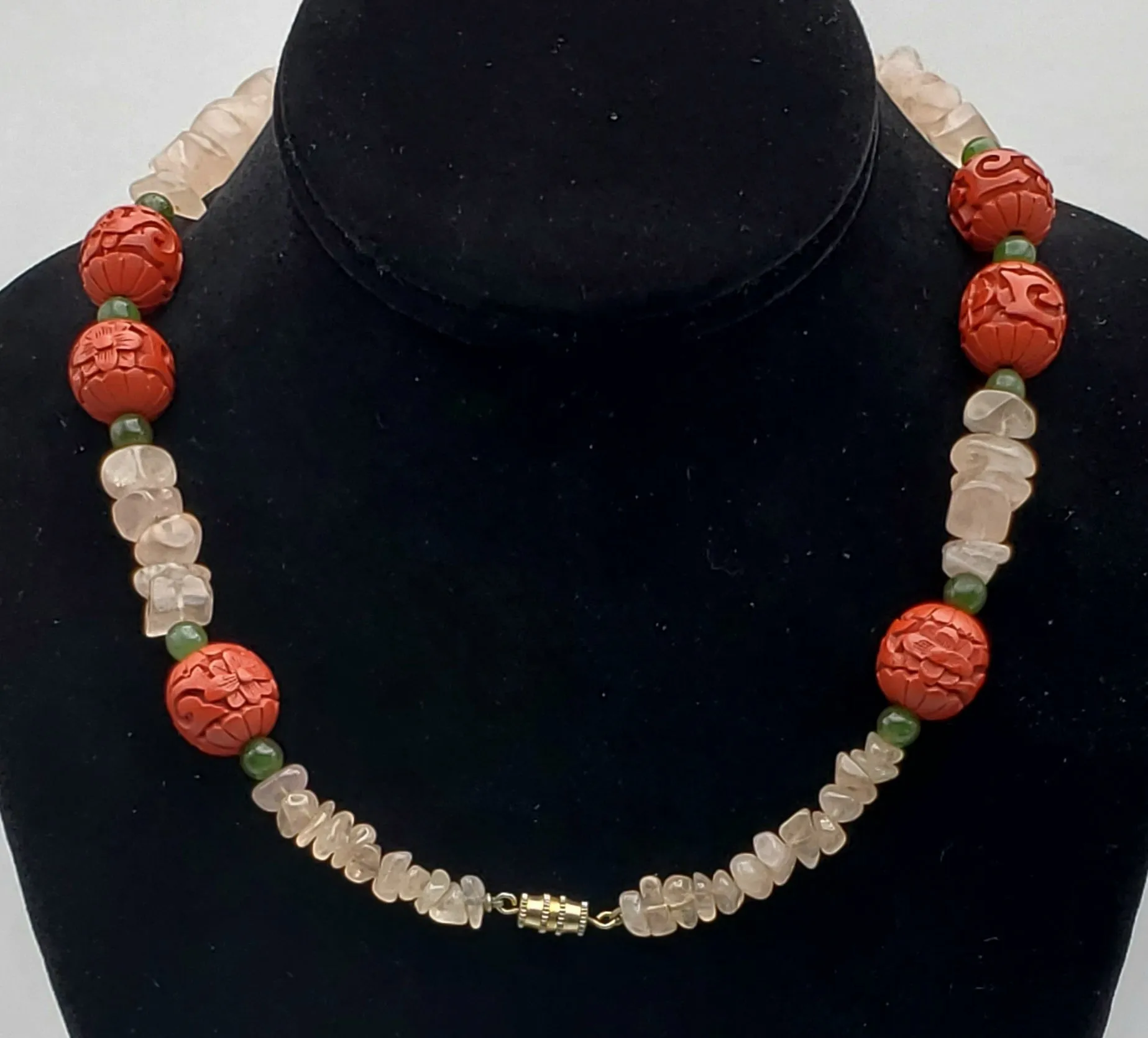 Vintage Rose Quartz, Jade and Faux Cinnabar Bead Necklace - 18"