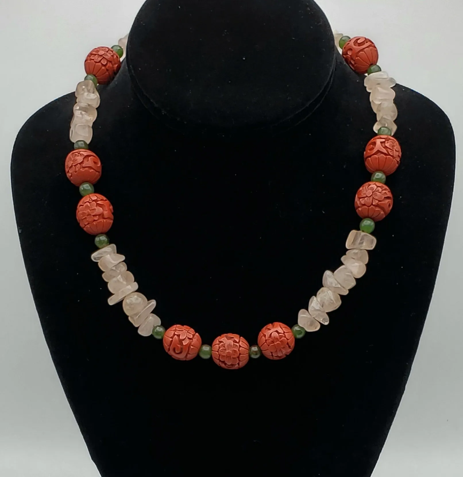 Vintage Rose Quartz, Jade and Faux Cinnabar Bead Necklace - 18"