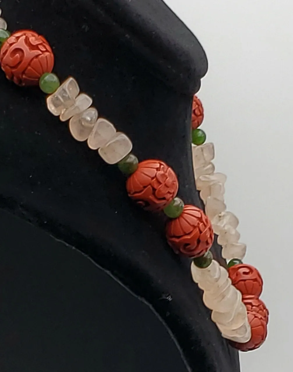 Vintage Rose Quartz, Jade and Faux Cinnabar Bead Necklace - 18"