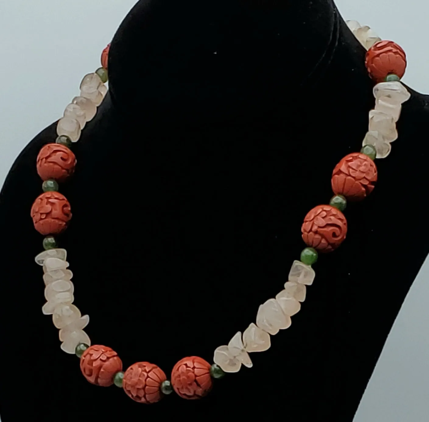 Vintage Rose Quartz, Jade and Faux Cinnabar Bead Necklace - 18"