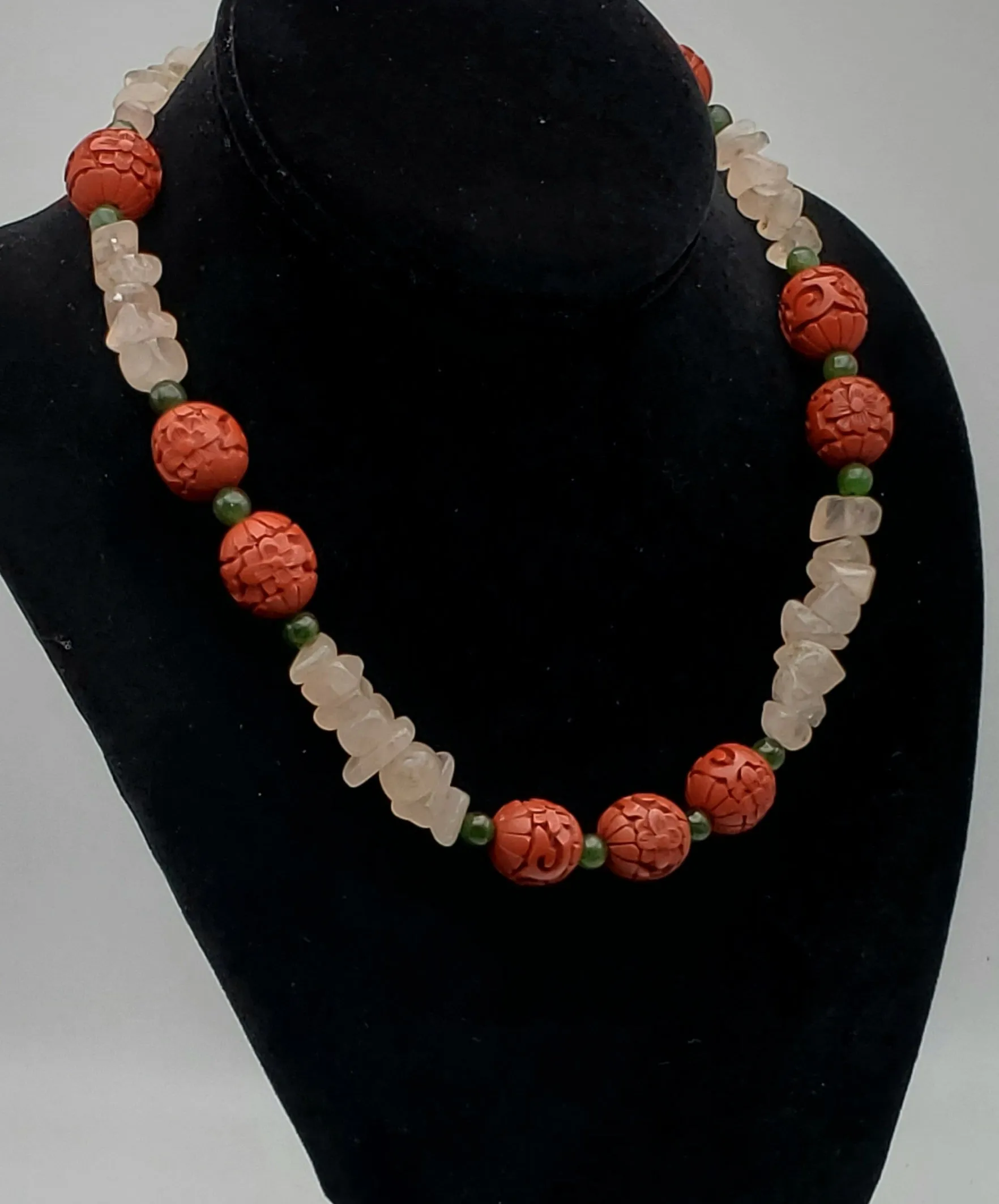 Vintage Rose Quartz, Jade and Faux Cinnabar Bead Necklace - 18"