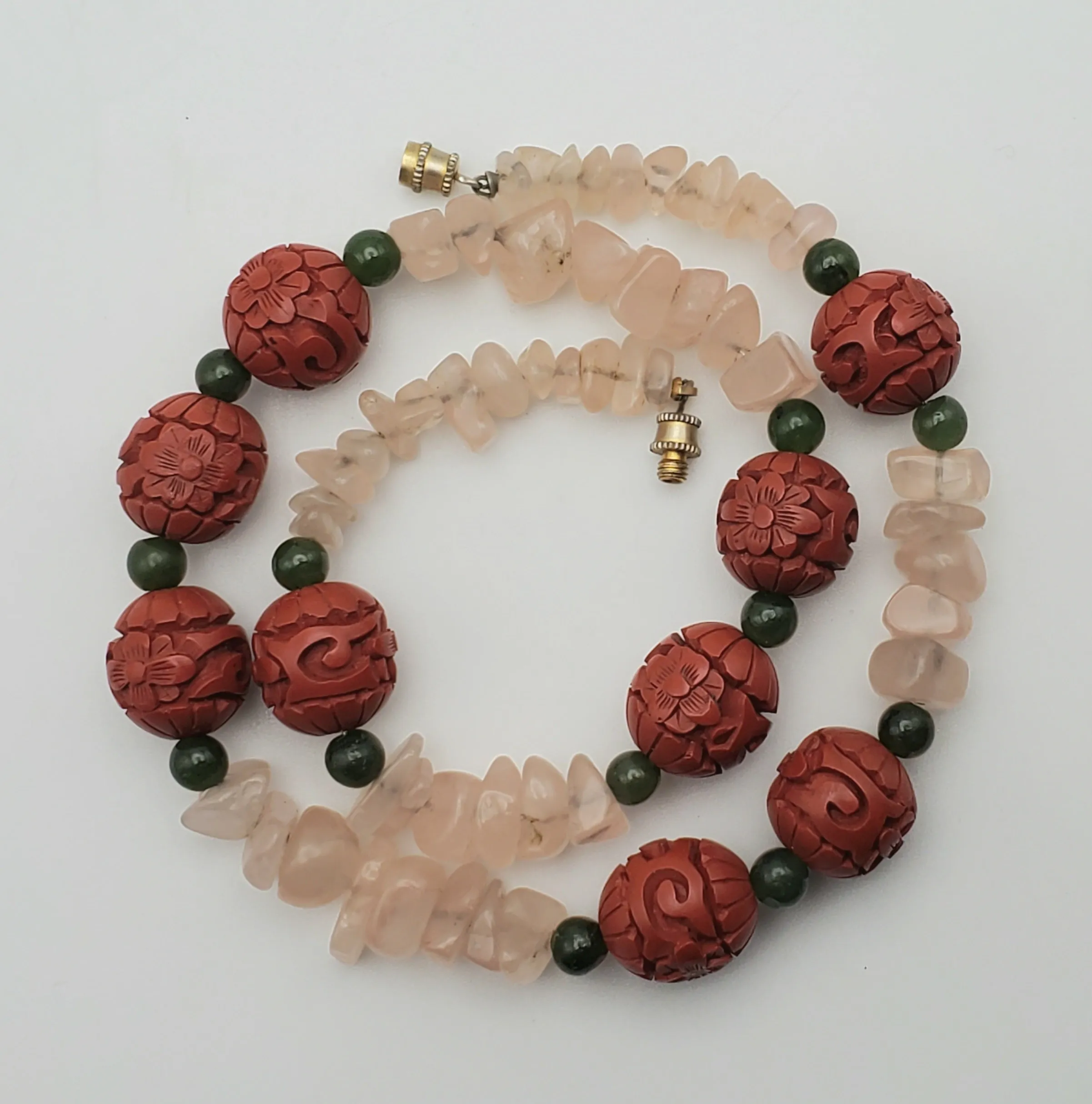 Vintage Rose Quartz, Jade and Faux Cinnabar Bead Necklace - 18"