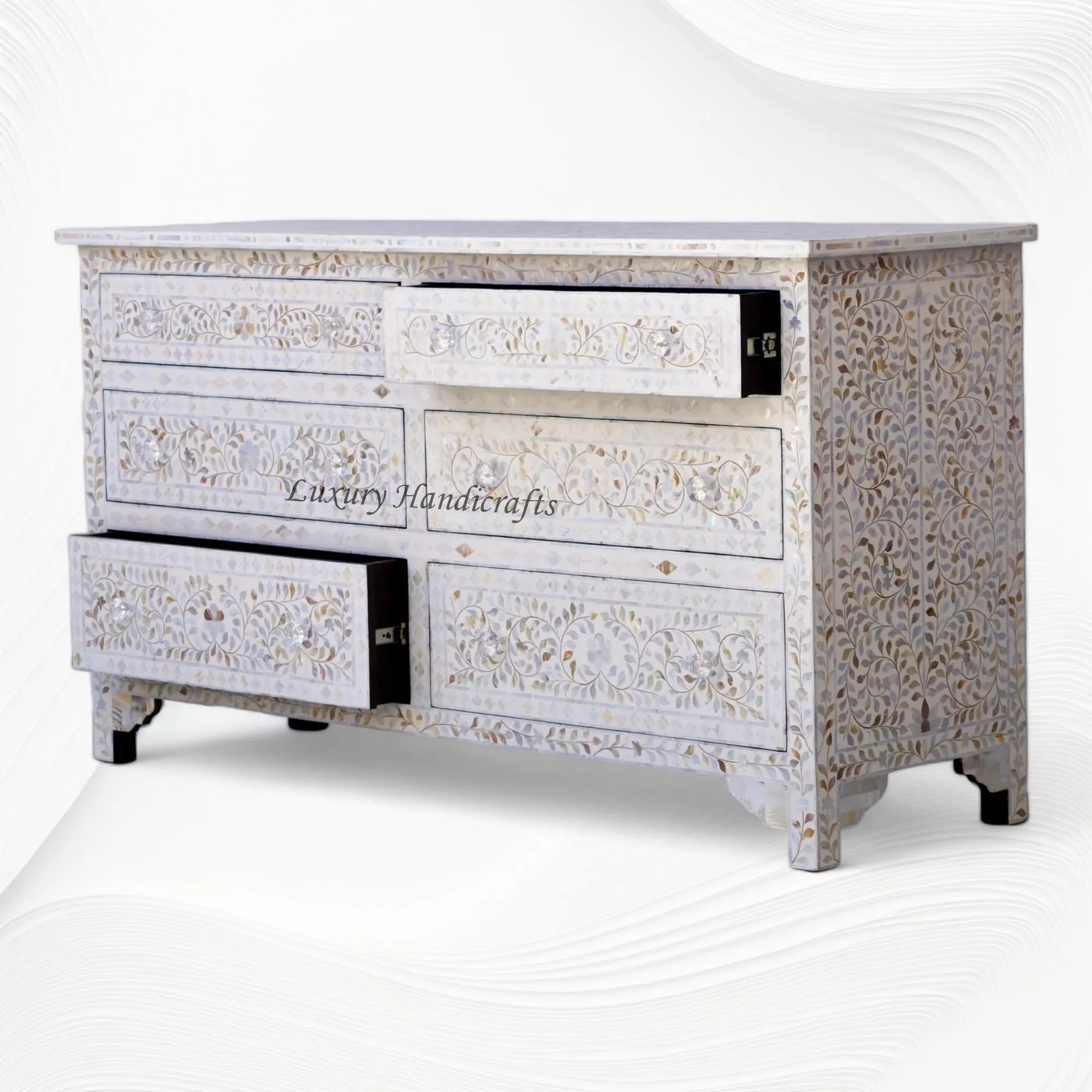 Willa Mother of Pearl Inlay 6 Drawer Dresser White