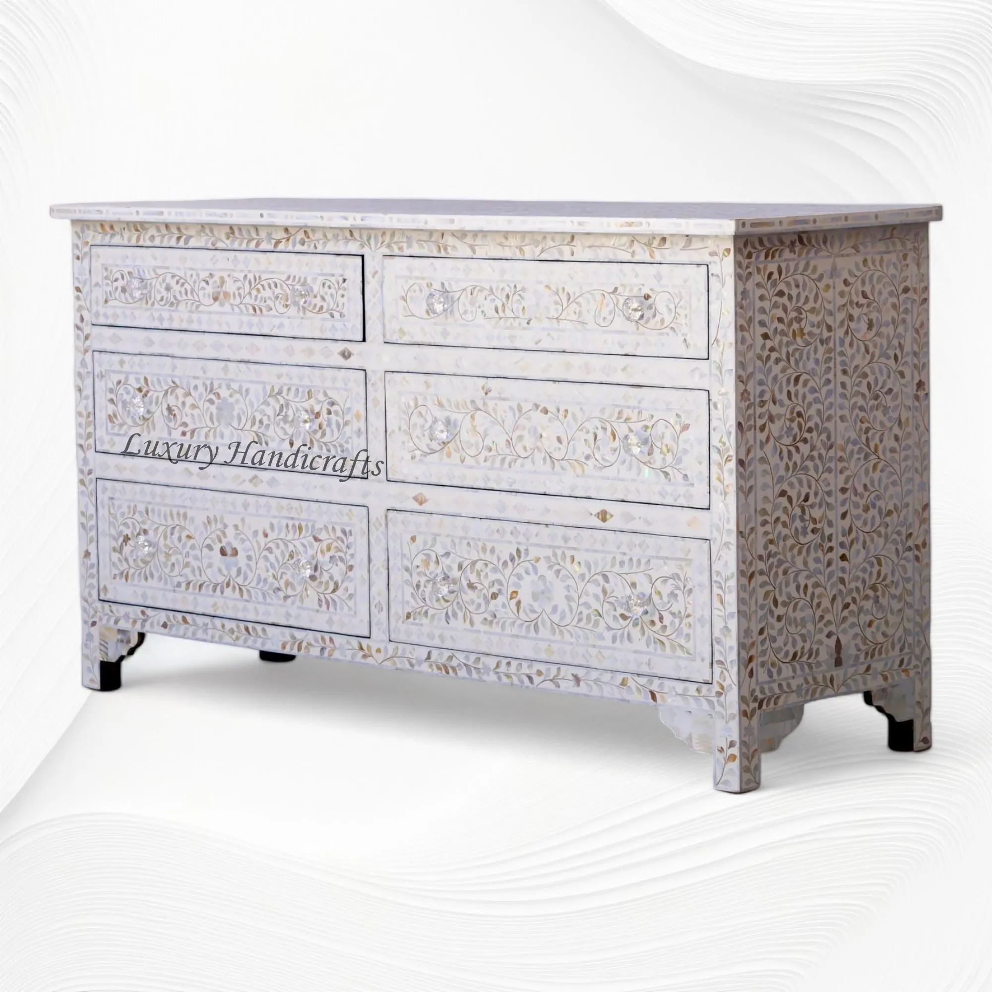 Willa Mother of Pearl Inlay 6 Drawer Dresser White