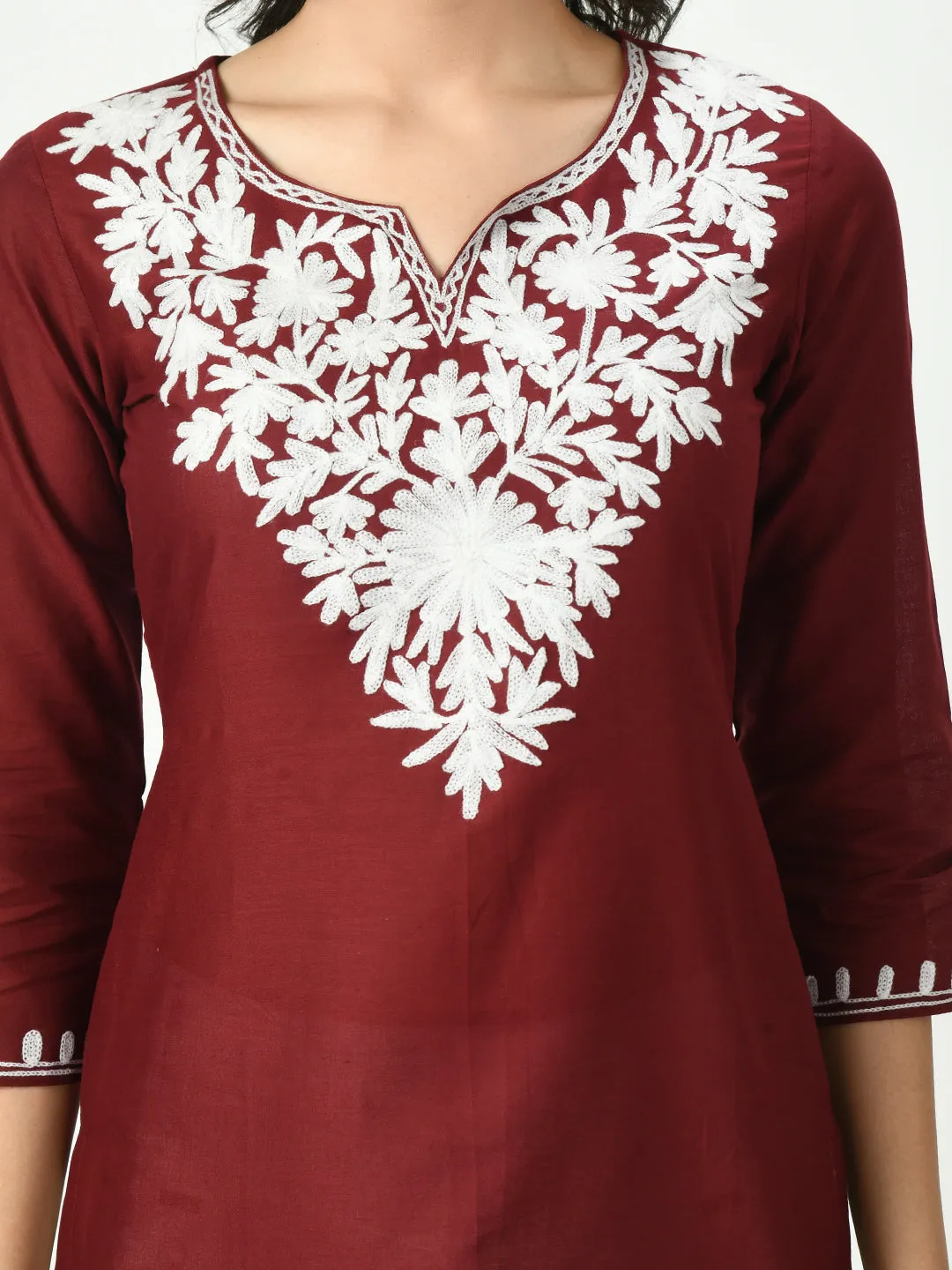 Women Maroon Embroidered Short Kurti