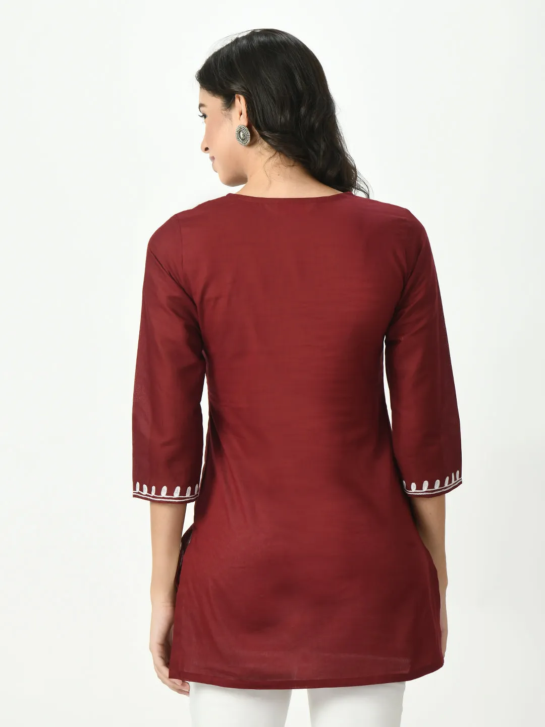 Women Maroon Embroidered Short Kurti