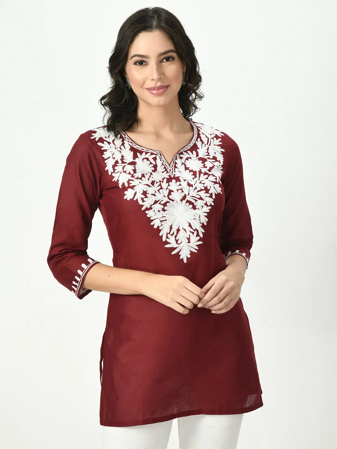 Women Maroon Embroidered Short Kurti