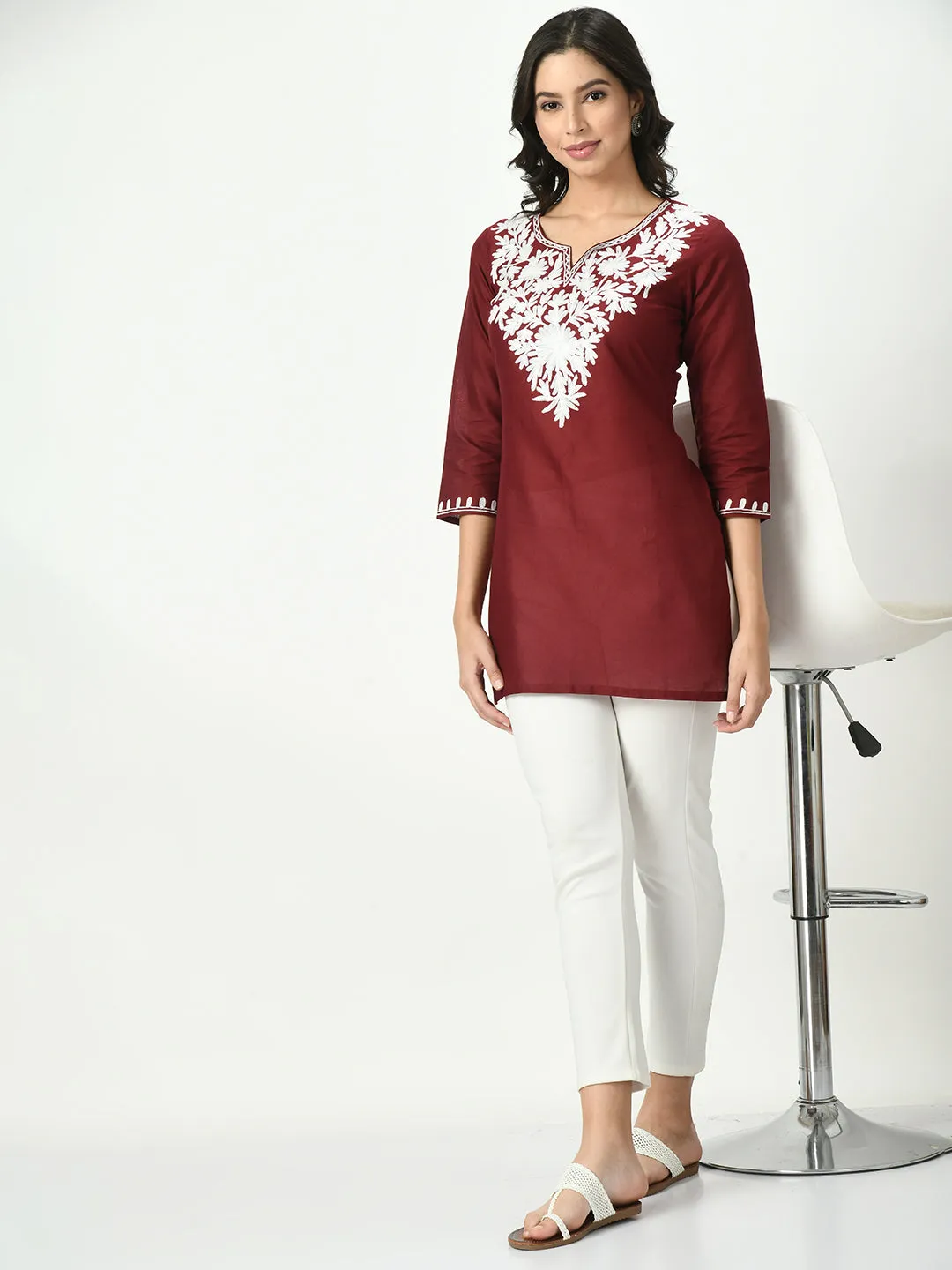 Women Maroon Embroidered Short Kurti