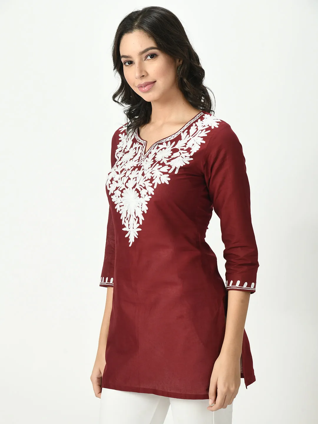 Women Maroon Embroidered Short Kurti