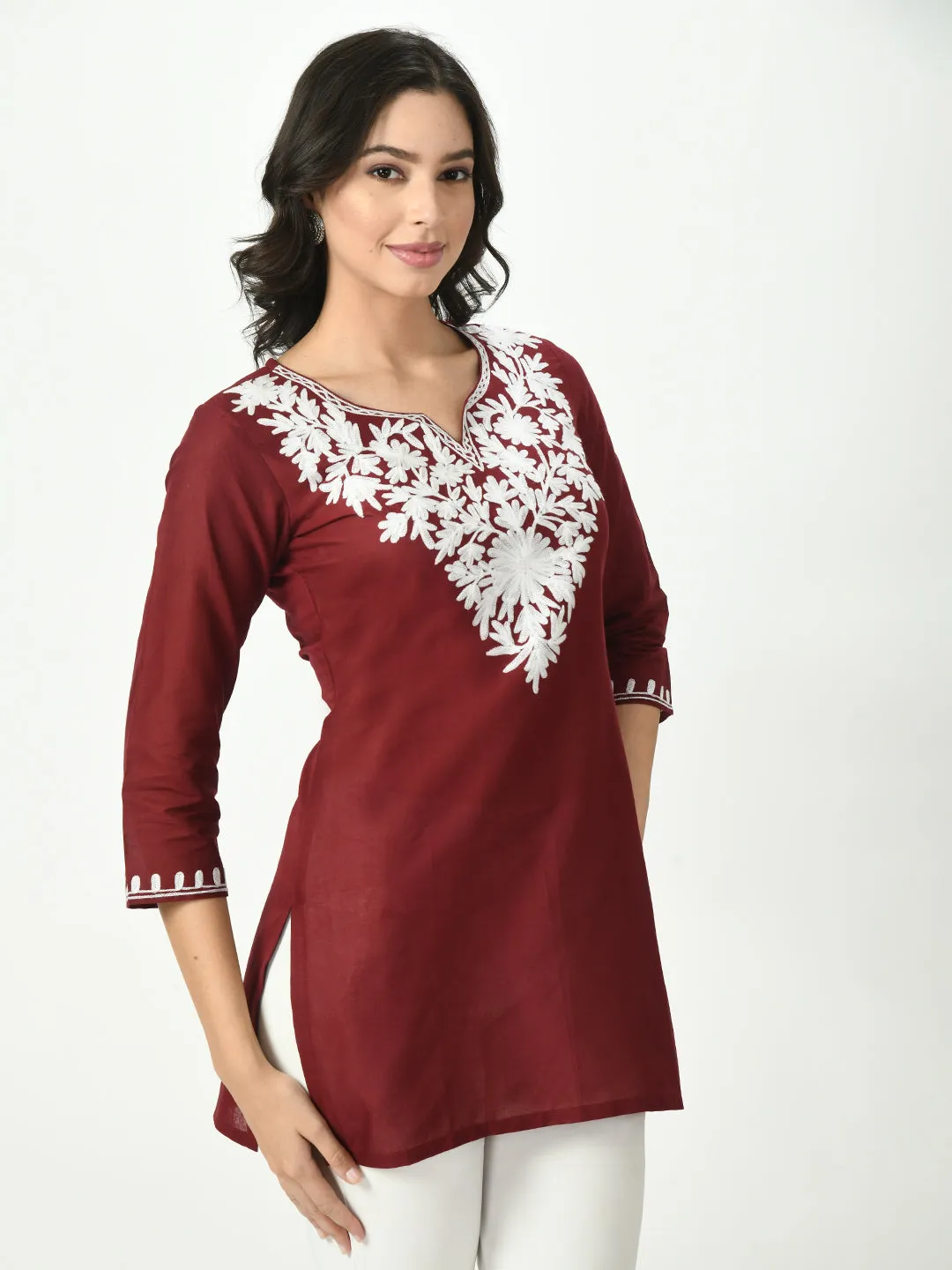 Women Maroon Embroidered Short Kurti