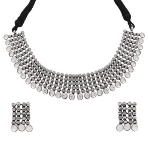 Yellow Chimes Classic German Silver Oxidised Jewellery Set Designer HandCrafted Traditional Choker Necklace Set for Women & Girls (White)