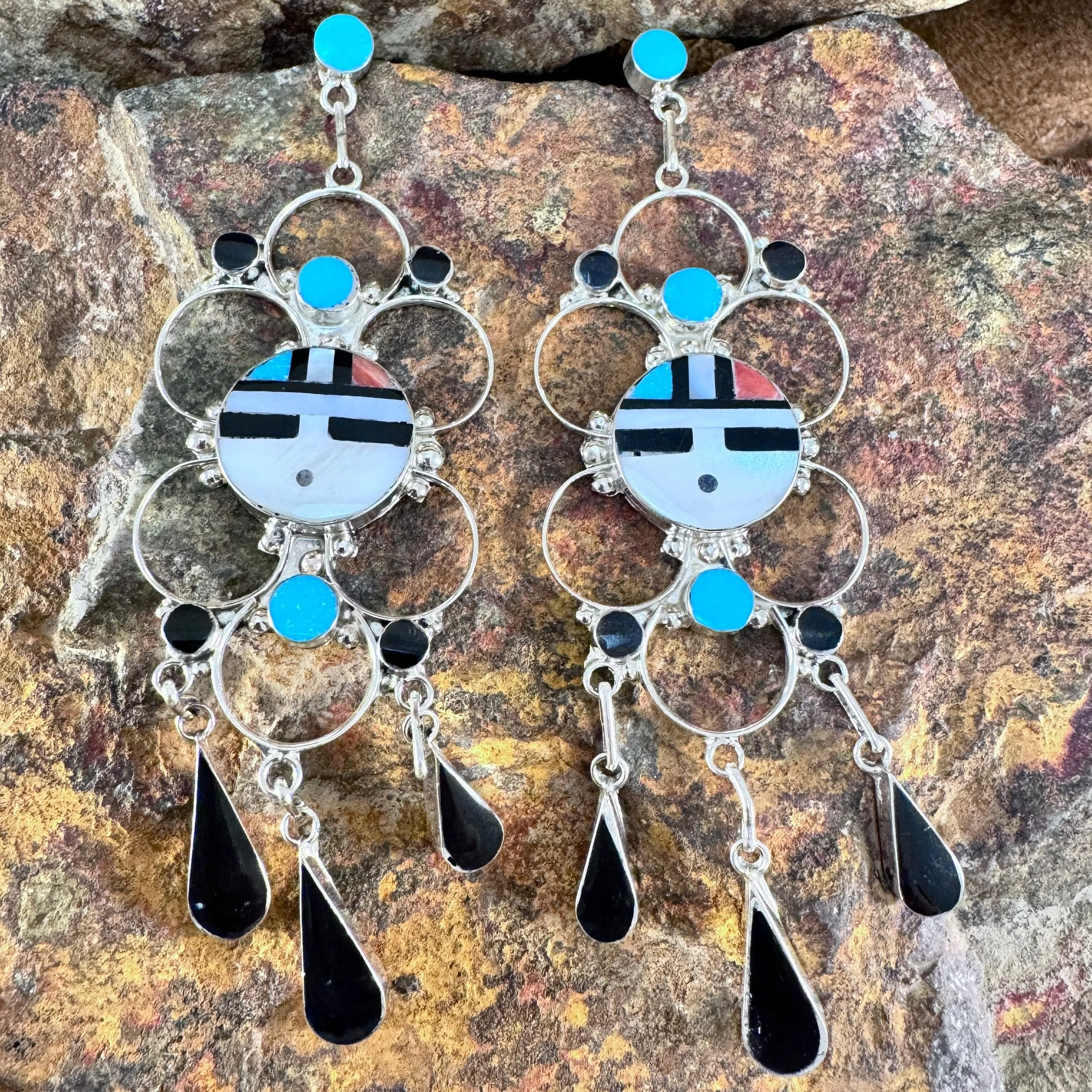 Zuni Sunface Sterling Silver Drop Earrings by B Othole